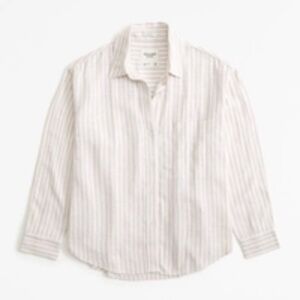 Abercrombie & Fitch Oversized Linen Blend Shirt Brown Stripe, Step Hem, Size XS